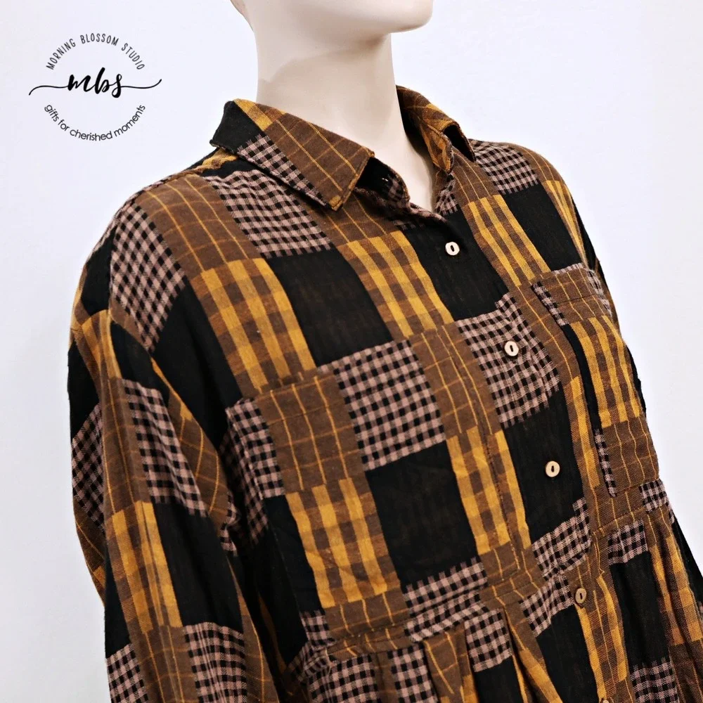 NWT Saints & Hearts Plaid Babydoll Mini Dress Black Yellow Women‎ L*